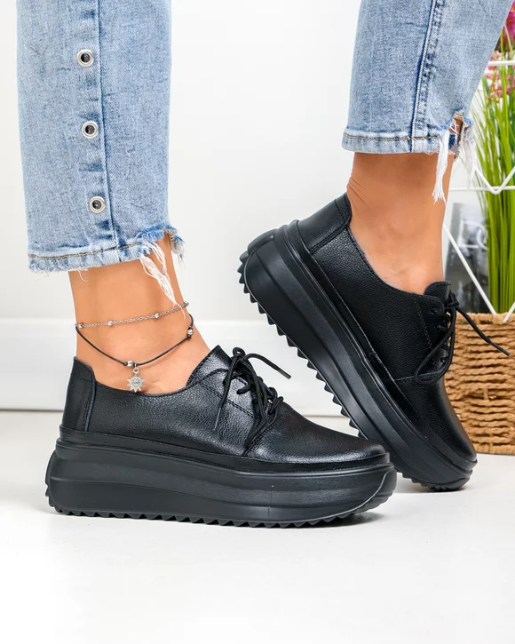 Pantofi casual dama piele naturala negri cu talpa groasa T6055