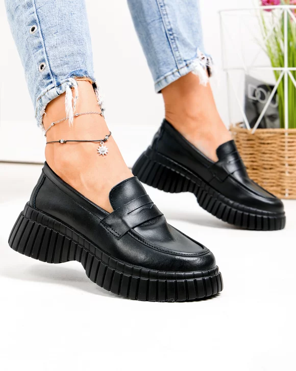 Pantofi casual dama piele naturala negri cu talpa groasa T6085