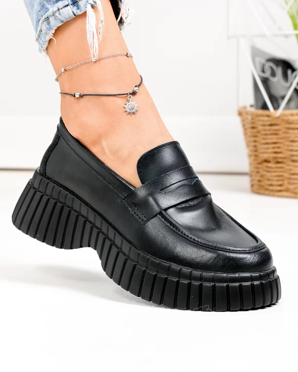 Pantofi casual dama piele naturala negri cu talpa groasa T6085