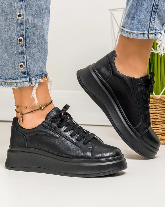 Pantofi casual dama piele naturala negri cu talpa inalta si inchidere sireturi F002-286