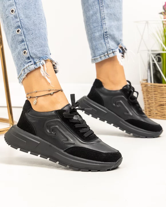 Pantofi casual dama piele naturala negri cu talpa usor flexibila si inchidere sireturi F001-751