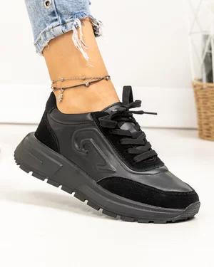 Pantofi casual dama piele naturala negri cu talpa usor flexibila si inchidere sireturi F001-751