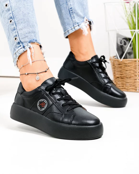 Pantofi casual dama piele naturala negri cu varf rotund F001-879