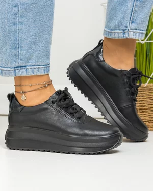 Pantofi casual dama piele naturala negri cu varf rotund F002-290