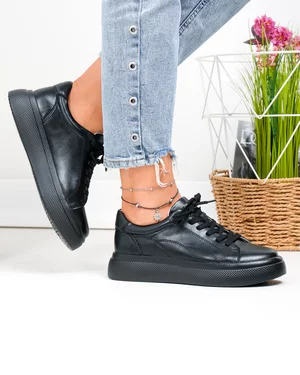 Pantofi casual dama piele naturala negri cu varf rotund F002-408