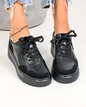 Pantofi casual dama piele naturala negri cu varf rotund F002-459