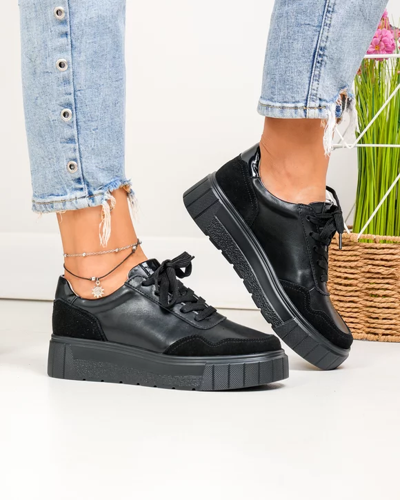 Pantofi casual dama piele naturala negri cu varf rotund F002-459