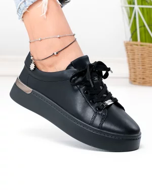 Pantofi casual dama piele naturala negri cu varf rotund F005-029