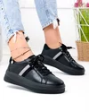 Pantofi casual dama piele naturala negri cu varf rotund si inchidere sireturi F001-971 1