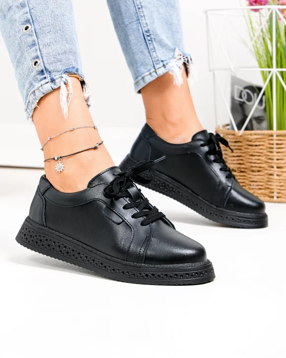 Pantofi casual dama piele naturala negri cu varf rotund T6099