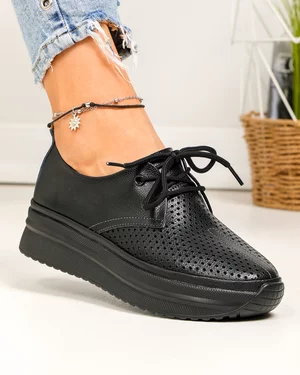 Pantofi casual dama piele naturala negri partial perforati cu inchidere sireturi JY3882