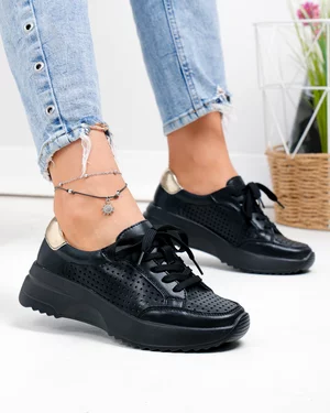 Pantofi casual dama piele naturala negri perforati cu inchidere sireturi T-2820