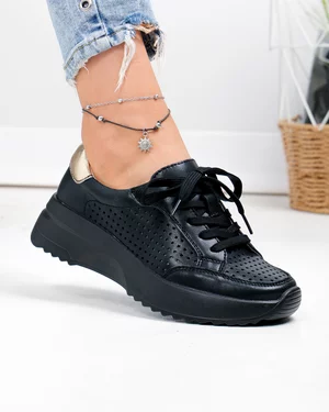 Pantofi Casual - Pantofi casual dama piele naturala negri perforati cu inchidere sireturi T-2820