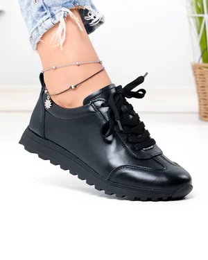 Pantofi casual dama piele naturala negricu inchidere sireturi F002-642