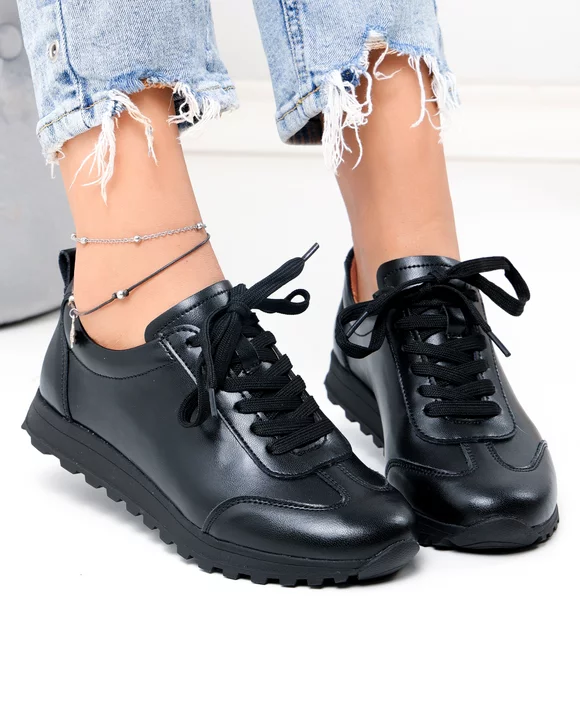 Pantofi casual dama piele naturala negricu inchidere sireturi F002-642