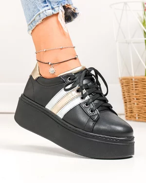Pantofi Casual - Pantofi casual dama piele naturala negru cu auriu si talpa groasa PC207