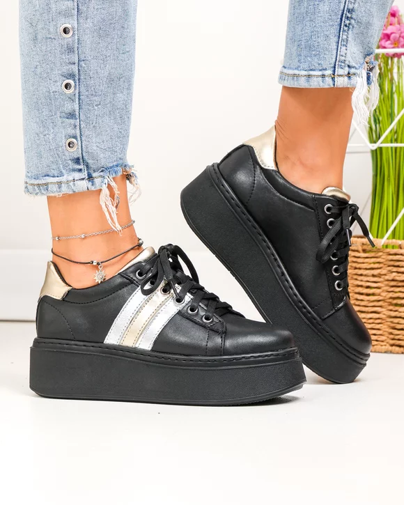Pantofi casual dama piele naturala negru cu auriu si talpa groasa PC207