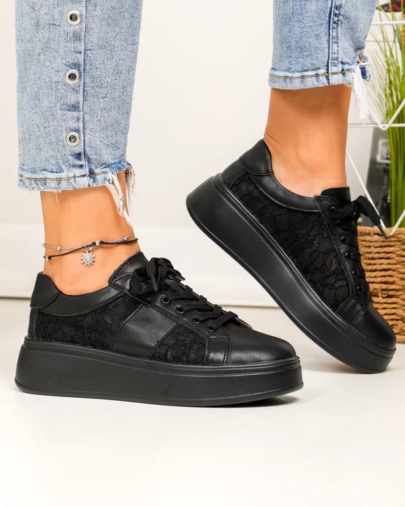 Pantofi casual dama piele naturala negru cu panza textila si inchidere sireturi F001-848
