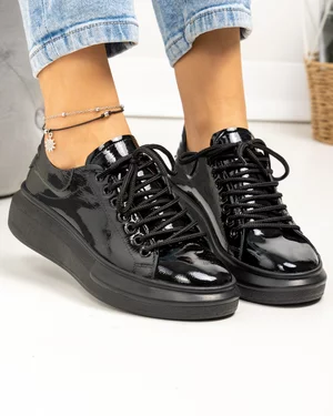 Pantofi casual dama piele naturala negru lac cu inchidere sireturi POL292