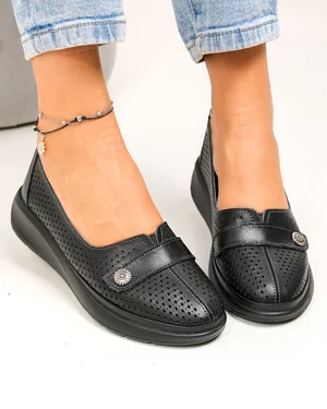 Pantofi casual dama piele naturala negru perforati cu inchidere slip-on JY3951