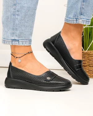 Pantofi casual dama piele naturala negru perforati cu inchidere slip-on JY3951