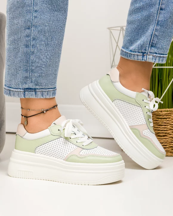 Pantofi casual dama piele naturala perforati alb cu verde si roz  F001-669