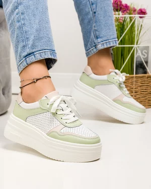 Pantofi casual dama piele naturala perforati alb cu verde si roz  F001-669