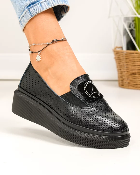 Pantofi casual dama piele naturala perforati cu inchidere slip-on si insertie elastica JY3871
