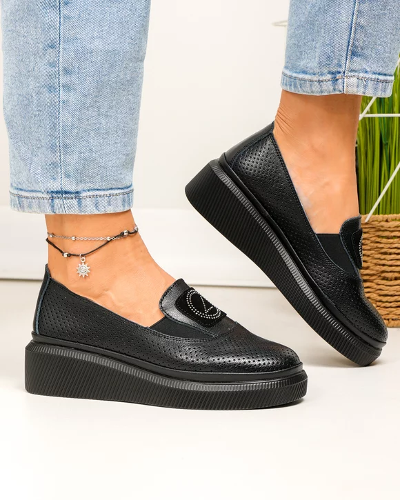Pantofi casual dama piele naturala perforati cu inchidere slip-on si insertie elastica JY3871