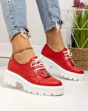Pantofi casual dama piele naturala rosii cu catarama decorativa PC820