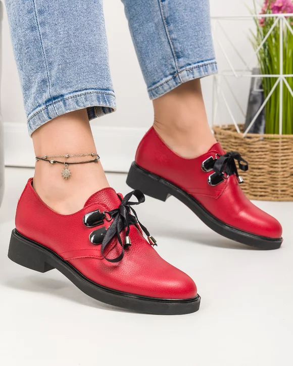 Pantofi casual dama piele naturala rosii cu varf rotund PC806