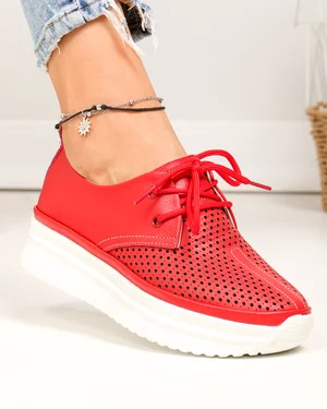 Pantofi casual dama piele naturala rosii partial perforati JY3882