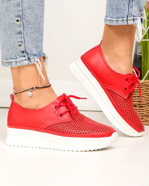 Pantofi casual dama piele naturala rosii partial perforati JY3882