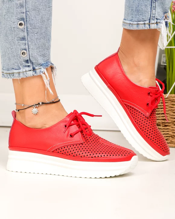 Pantofi casual dama piele naturala rosii partial perforati JY3882