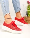 Pantofi casual dama piele naturala rosii perforati cu model floral si inchidere sireturi JY3230 3