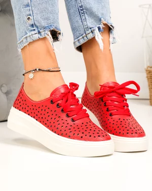 Pantofi casual dama piele naturala rosii perforati cu model floral si inchidere sireturi JY3230