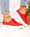 Pantofi casual dama piele naturala rosii perforati cu model floral si inchidere sireturi JY3230 2