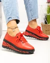 Pantofi casual dama piele naturala rosu cu negru si inchidere sireturi JY5096 2