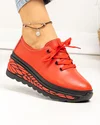 Pantofi casual dama piele naturala rosu cu negru si inchidere sireturi JY5096 3