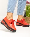 Pantofi casual dama piele naturala rosu cu negru si inchidere sireturi JY5096 1