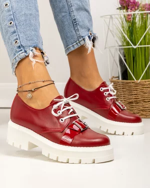 Pantofi casual dama piele naturala rosu inchis cu talpa alba si inchidere sireturi PC820