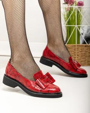 Pantofi casual dama piele naturala rosu print cu fundita aplicata PC810