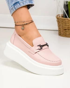 Pantofi casual dama piele naturala roz cu accesoriu metalic si talpa groasa T-5906