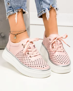 Pantofi casual dama piele naturala roz cu gri perforati cu talpa groasa T-5911