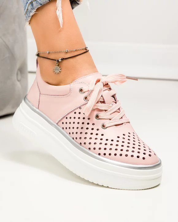 Pantofi casual dama piele naturala roz cu gri perforati cu talpa groasa T-5911