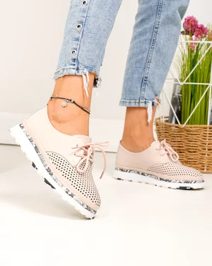 Pantofi casual dama piele naturala roz cu imprimeu sarpe si inchidere sireturi JY3930