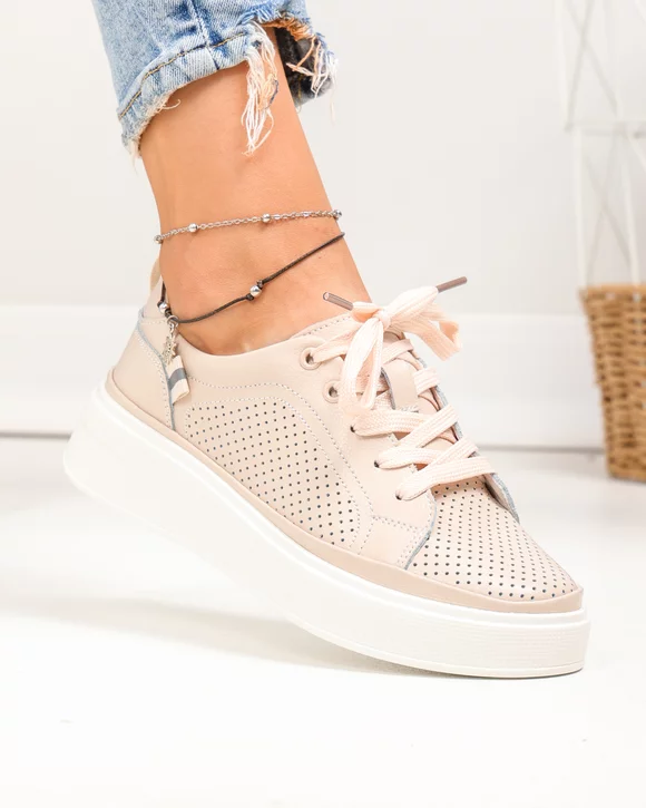 Pantofi casual dama piele naturala roz cu inchidere sireturi JY3285