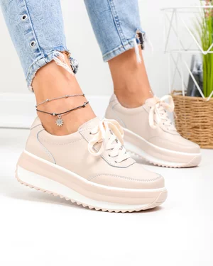 Pantofi casual dama piele naturala roz cu inchidere sireturi si talpa groasa T6052