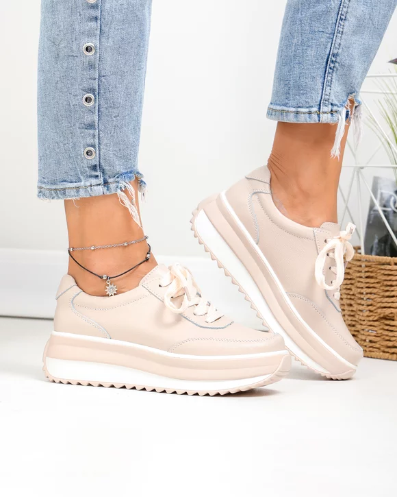 Pantofi Casual - Pantofi casual dama piele naturala roz cu inchidere sireturi si talpa groasa T6052
