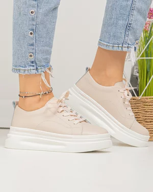 Pantofi casual dama piele naturala roz cu inchidere sireturi si varf rotund AW2023-26